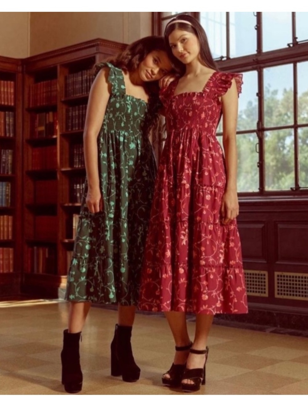 Hill House Ellie Burgundy Pink Floral Nap Midi Dress XL Smocked Tiered Like New - Picture 3 of 13